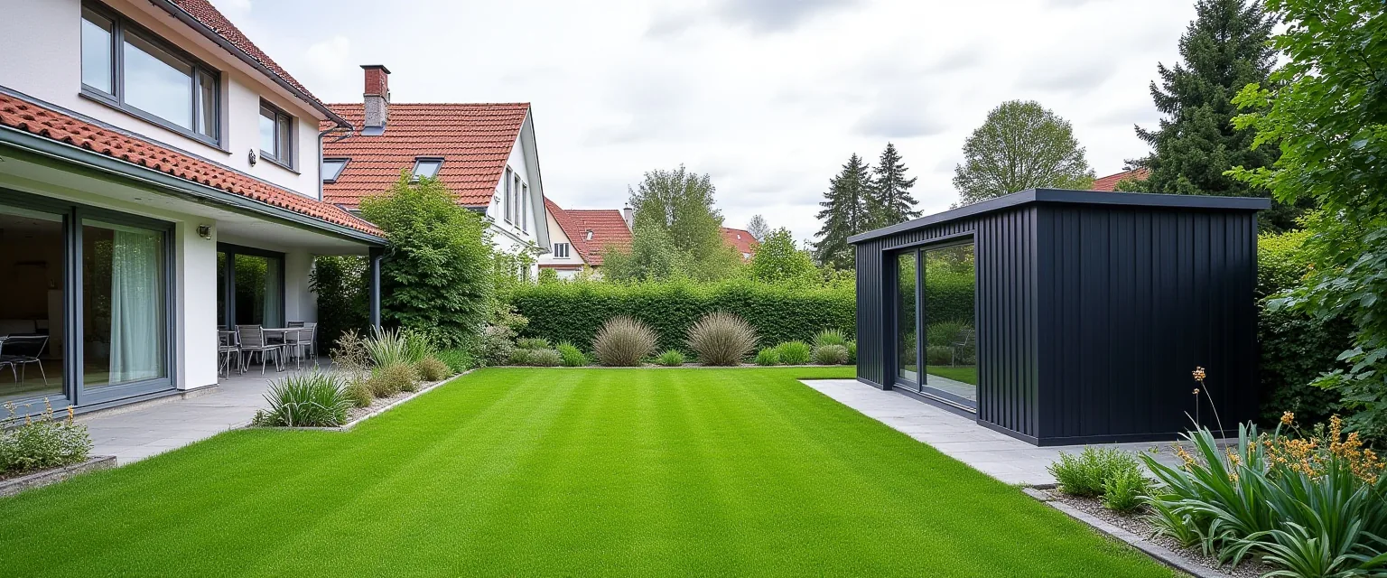 Garten mit Rasen und dunklem Gartenhaus vor Wohnhäusern