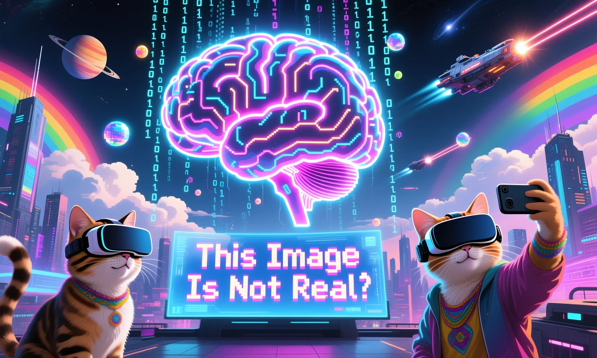 Neonbunte Collage mit Gehirn, Katzen mit VR-Brillen und dem Schild „This Image Is Not Real“
