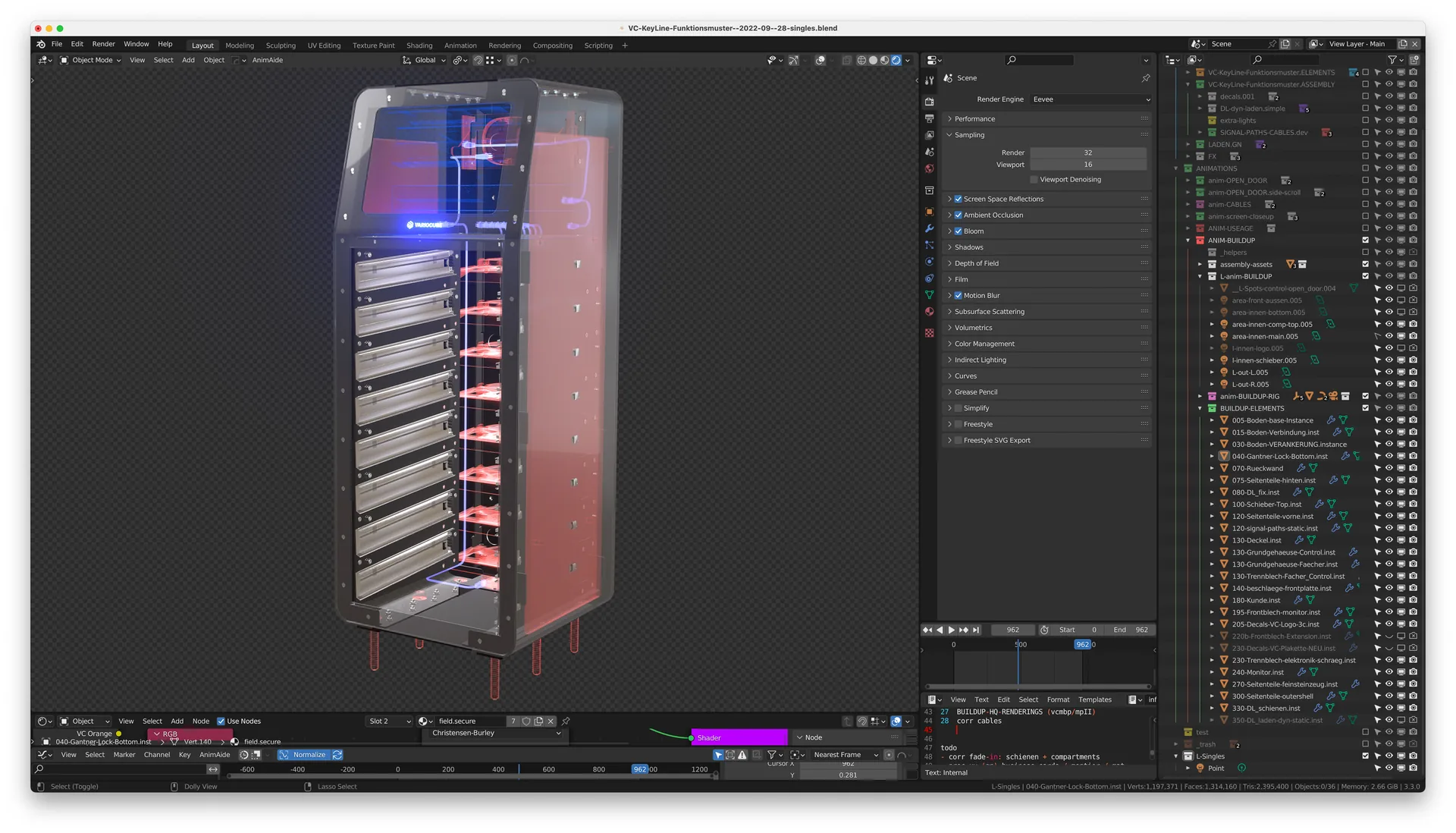 Blender-Screenshot: Schlüsseltresor transparent dargestellt, Innenaufbau rot markiert