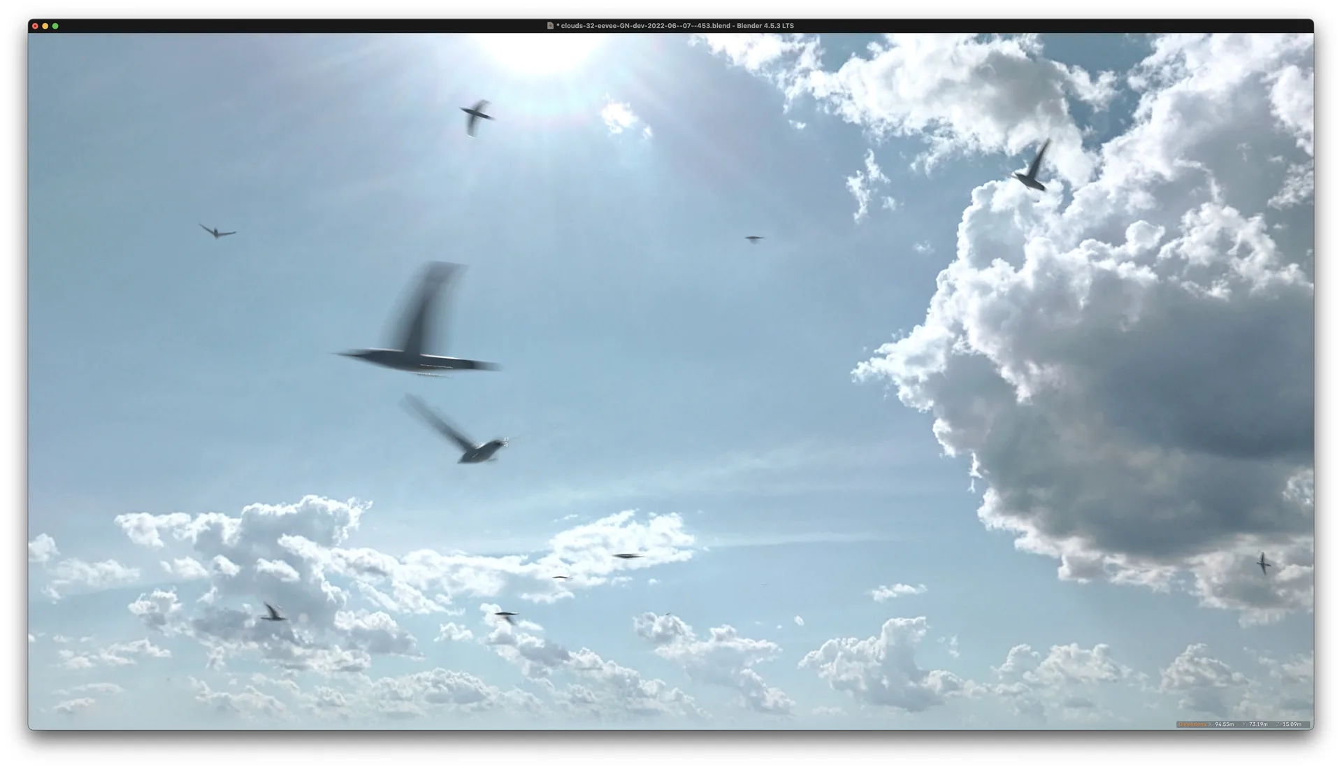 Vögel vor Wolkenhimmel, ein großer Vogel im Vordergrund