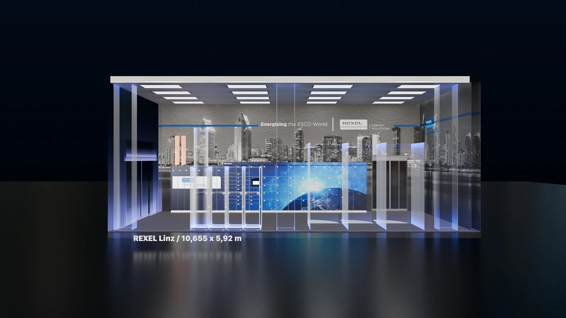 Messestand frontal mit Grundriss- und Maßangaben