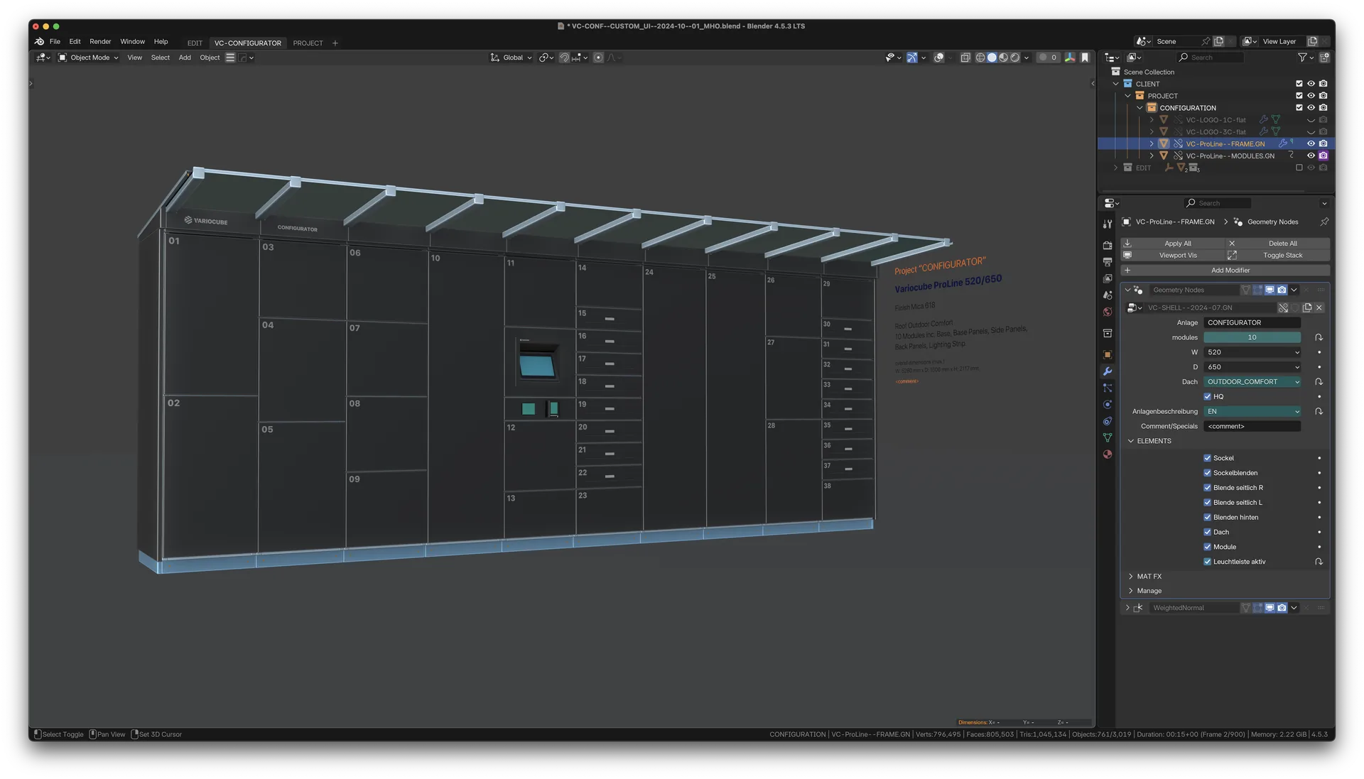 Blender-Screenshot: Schließfachanlage mit Vordach als Drahtgitter im Viewport, rechts die Konfigurator-Werte
