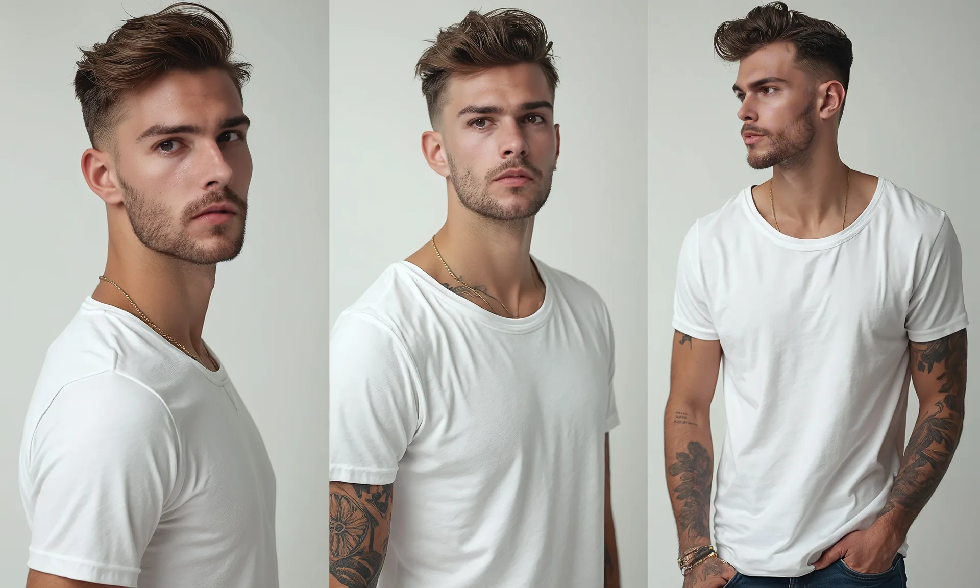 Drei Ansichten eines jungen Mannes im weißen T-Shirt